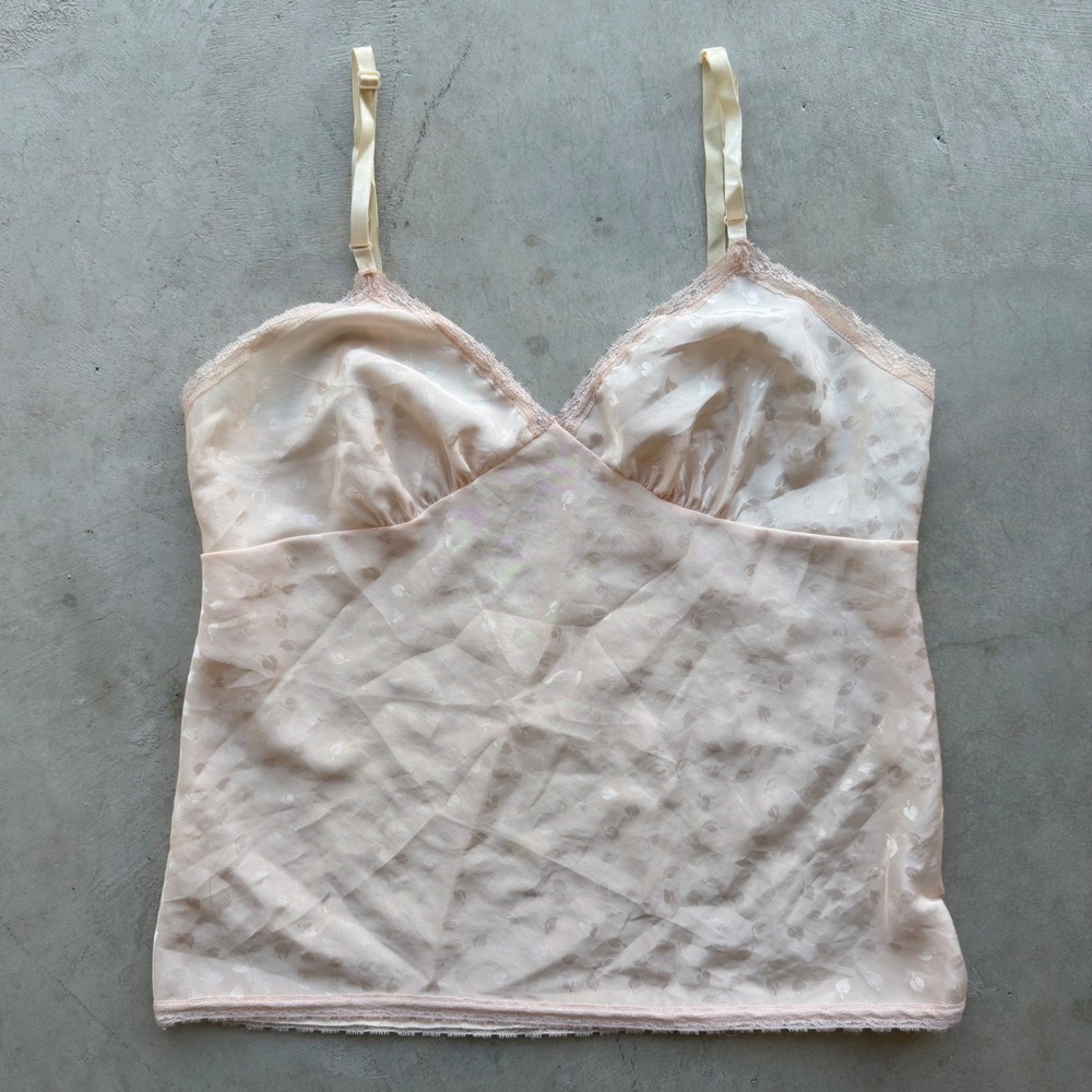 Vintage Deena Camisole Top Pink Jacquard Leaf Lace Trim Made in USA Size 34